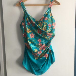 Lands End SlenderSuit V-Neck Tummy Control t Skirted Swimsuit - Turquoise Floral